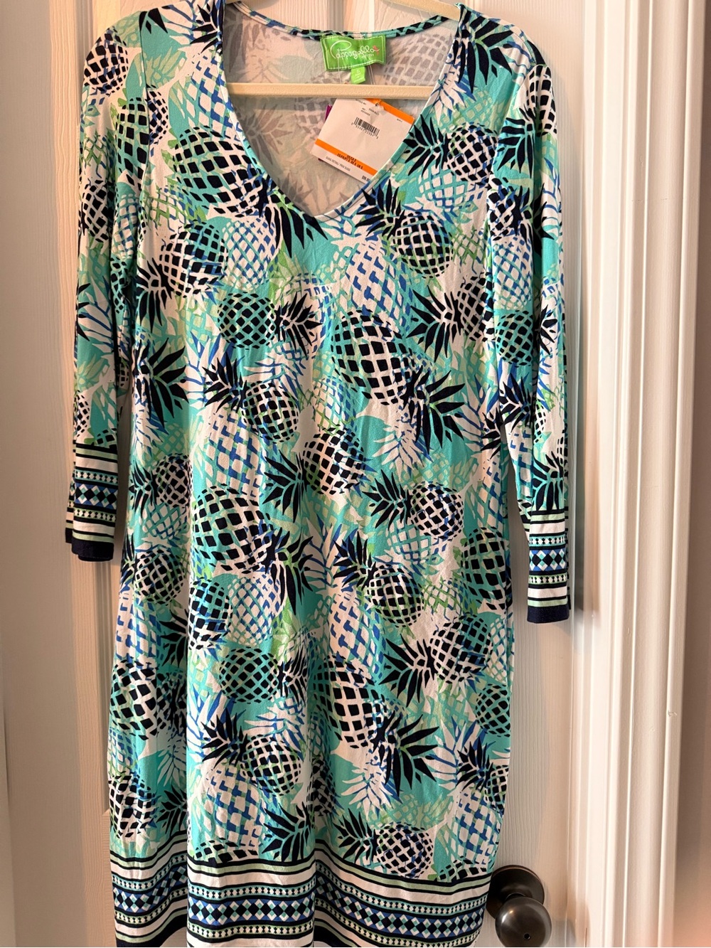 Mint Pineapple-Print Long Sleeve V-Neck Dress